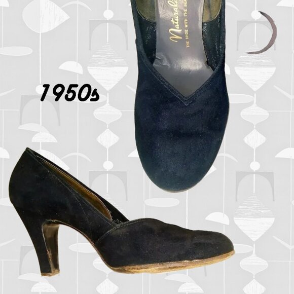 50s Vintage Black Baby Doll Pumps Heels Shoes, Sweetheart Vamp, Suede - Picture 1 of 15